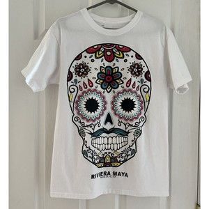 Sugar Skull Mustache White Tee shirt Medium Tan Tan Riviera Maya Mexico Hipster